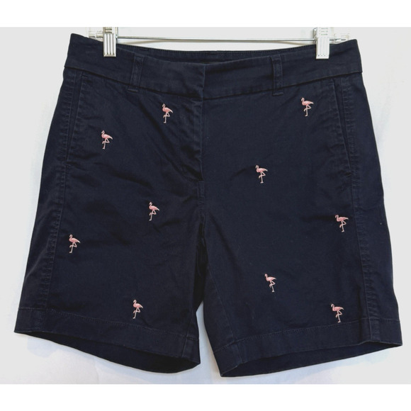 J. Crew Womens Embroidered Flamingo Chino Shorts Size 2 Navy Preppy Florida Beac - Picture 1 of 13